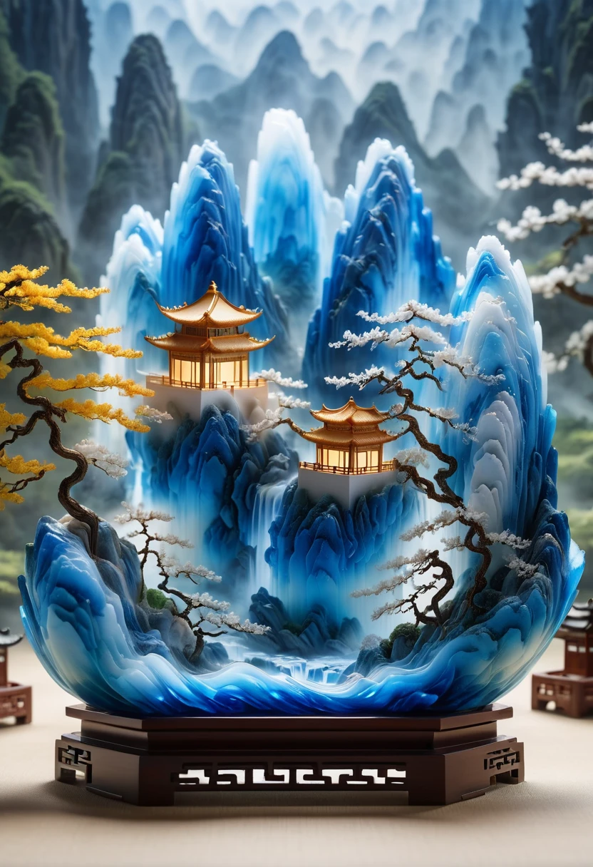 Micro landscape design carved from a piece of stone，Translucent glass material,Blue-white gradient,A big mountain，Traditional Chinese landscape painting,The Yin-Yang Bagua diagram blurred in the back，Abstract shapes,3d，Stone base