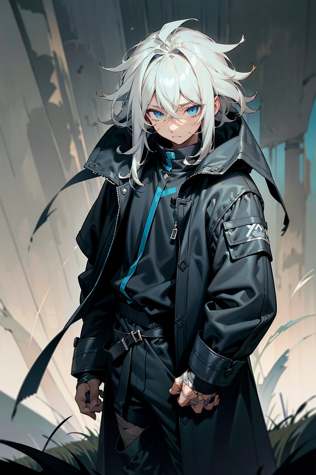 1male, tan skin, black highlighted hair, black and white hair, messy hair, wavy hair, blue eyes, uninterested expression, (dark blue oversized coat), black joggers, black undershirt, bandaged clothing, grassland background, standing on path, hands to side