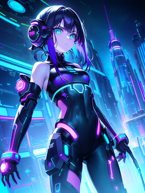 neon cyberpunk beauty composing music.、(((super detailed flat earth futuristic city)))、hermosa billie eilish、short purple hair、d...