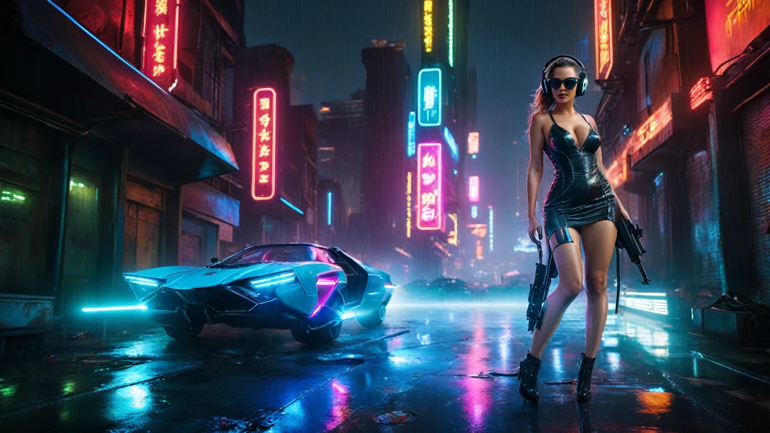 (aerial view, a flying cars docking platform, a very dark abandoned futuristic city, neon lights), rainy night. (((1girl, solo, alone))), large-breast:1.2 slim body, cleavage:1.1, sexy wind blowing wet dress:1.4, (((headphone, black sunglasses, standing and holding pistol:1.8, dynamic seductive pose))), (((((half-body thigh level medium shot))))), cinematic lighting, lens flare, ray tracing.