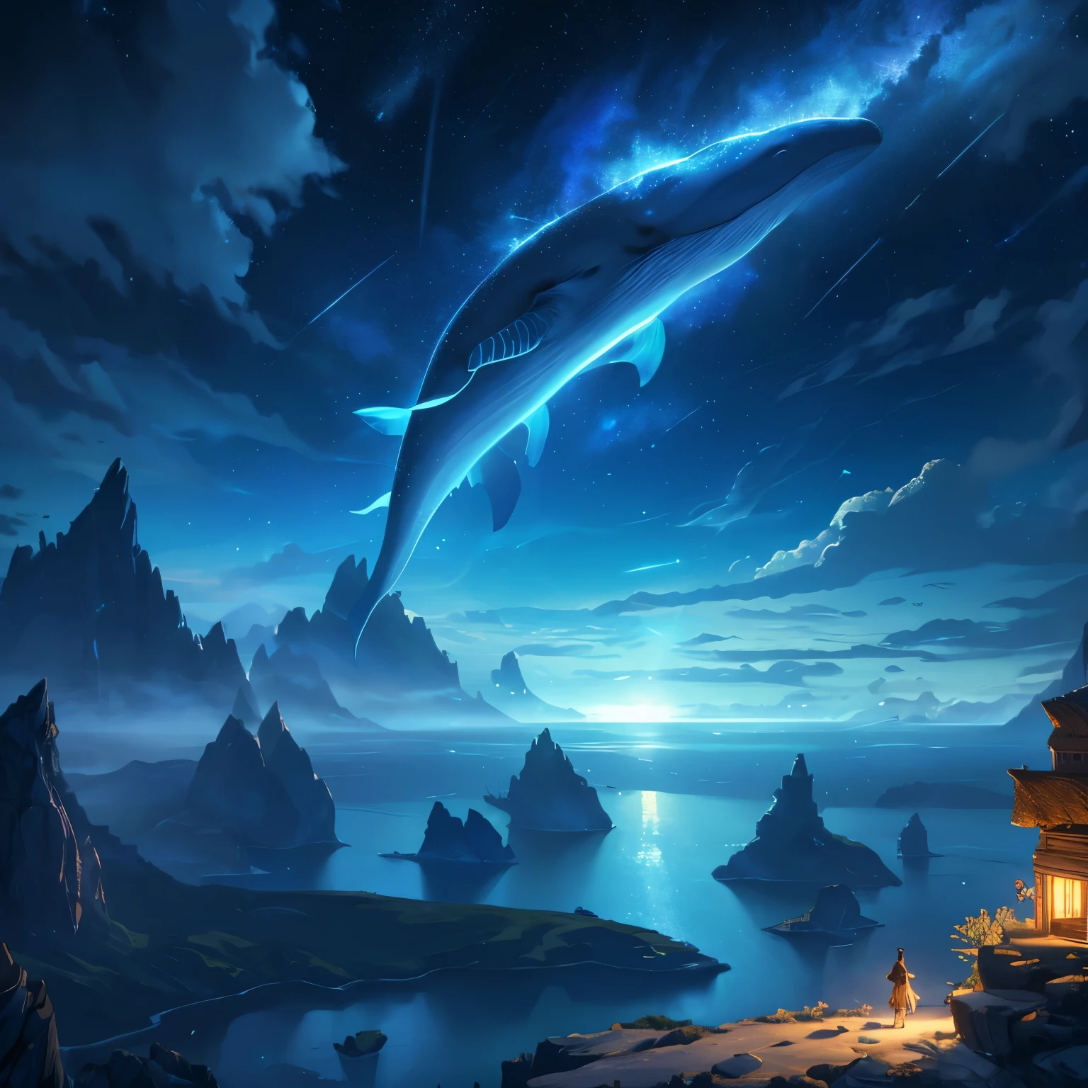 a blue whale flying in the starry sky over islands with a sea, summer night fantasy landscape, beautiful illustration, (best quality,4k,8k,highres,masterpiece:1.2),ultra-detailed,(animation style),cinematic lighting,intricate background details,dramatic clouds,vivid colors,ethereal atmosphere