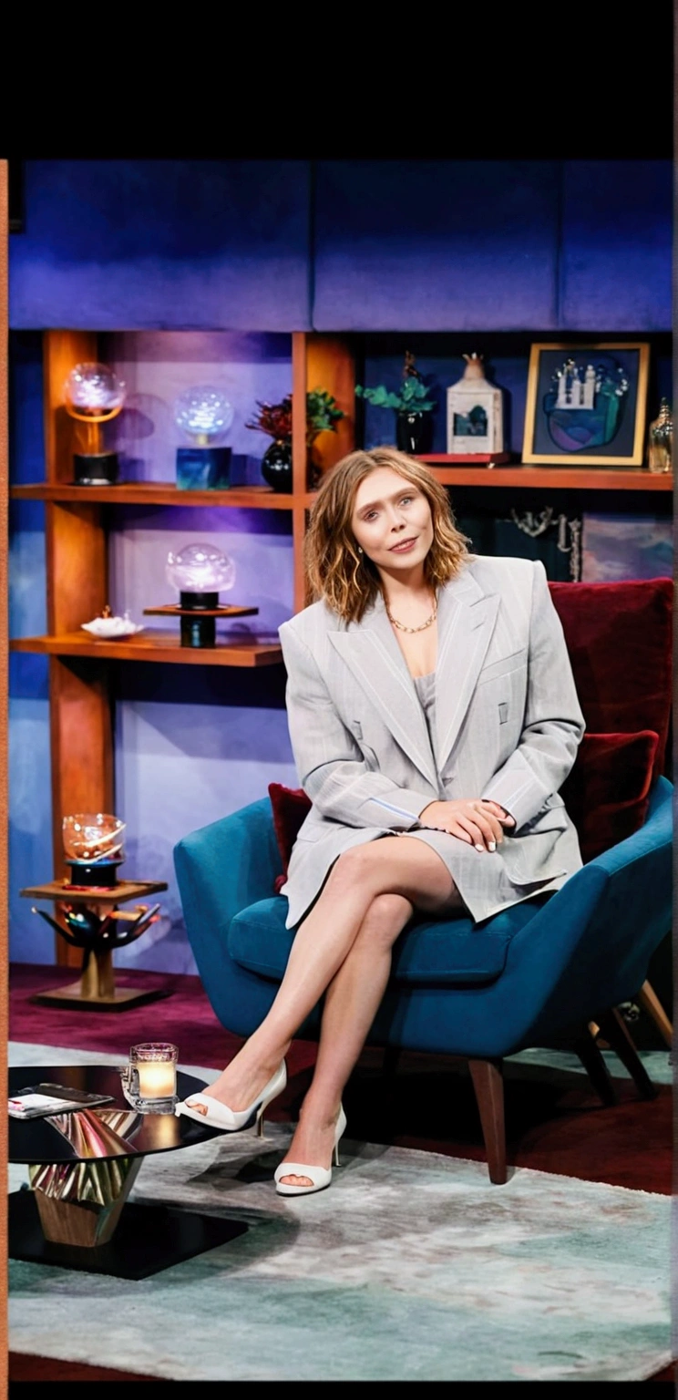 Elizabeth olsen Piernas cruzadas Sentada tacones blancos - SeaArt AI