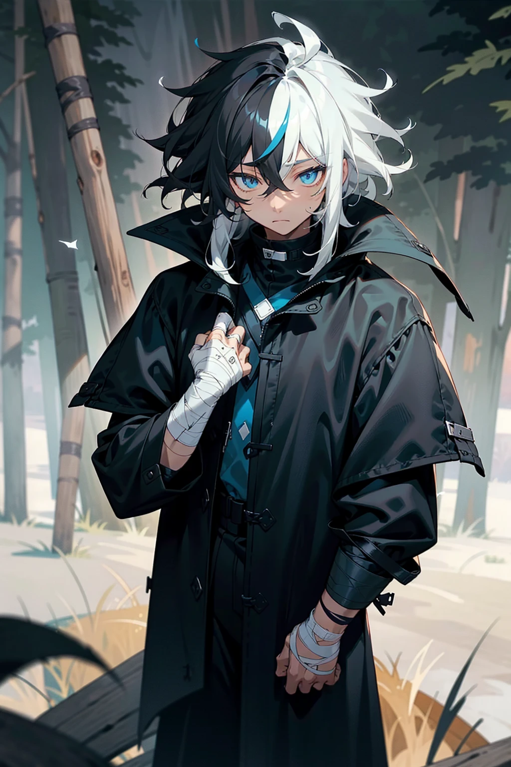 1male, tan skin, black highlighted hair, black and white hair, messy hair, wavy hair, blue eyes, uninterested expression, (dark blue oversized coat), black joggers, black undershirt, bandaged clothing, grassland background, standing on path, hands to side