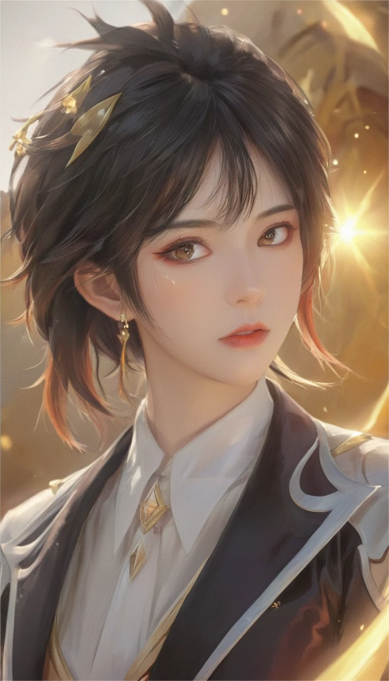 (best quality,4K,8K,high resolution,masterpiece:1.2),1 girl, zhongli_/(archon/)_/(Genshin Impact_Influence/),Male focus,Complex details,Practical:.4,Deep golden eyes,Become a, narrow_waist,whole body, By Carnelian, Liyue, ,Looking up at the audience, focus,Solitary,Long hair,Bangs,Jewelry,earrings,Ponytail,meditation, thoughtful, calm, serene, Red Eyeliner, Very detailed eyes, Volumetric Lighting, Sunset, Golden Light, A wise and merciful God,light, Ray Tracing, Ultra HD, High Detail, high quality, The award-winning, Super Detail,HD color,Seductive eyes,Sexy eyes,narrowed eyes,Drooping eyelashes,Small iris,Collapse Star Orbit Characters,devout,Sexy asian woman,Asian eyes,Red Eyeliner,Blade of Destruction,Kissing ventilation_\(Genshin Impact_Influence\)