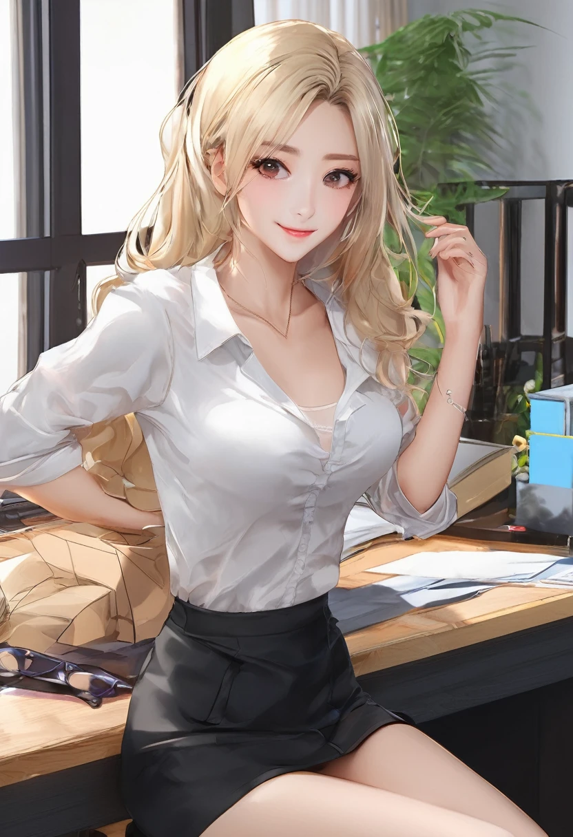 ((highest quality.8K、
masterpiece:1.3))、sharp:1.2、
perfect body beauty:1.4、 Slim
abs:1.2、((layered hairstyles、
huge :1.2))、young white teen, blonde hair, brightly smiling, black lingerie, cleavage, sitting on cedar desk in an office