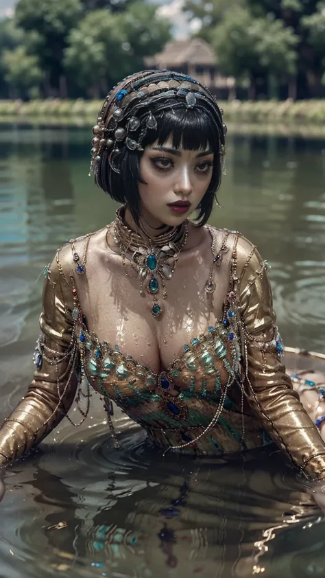 j1b4r0, siren, woman, dripping with jewels, submerged in lake, body reflected in water, luring conquistadors to drown