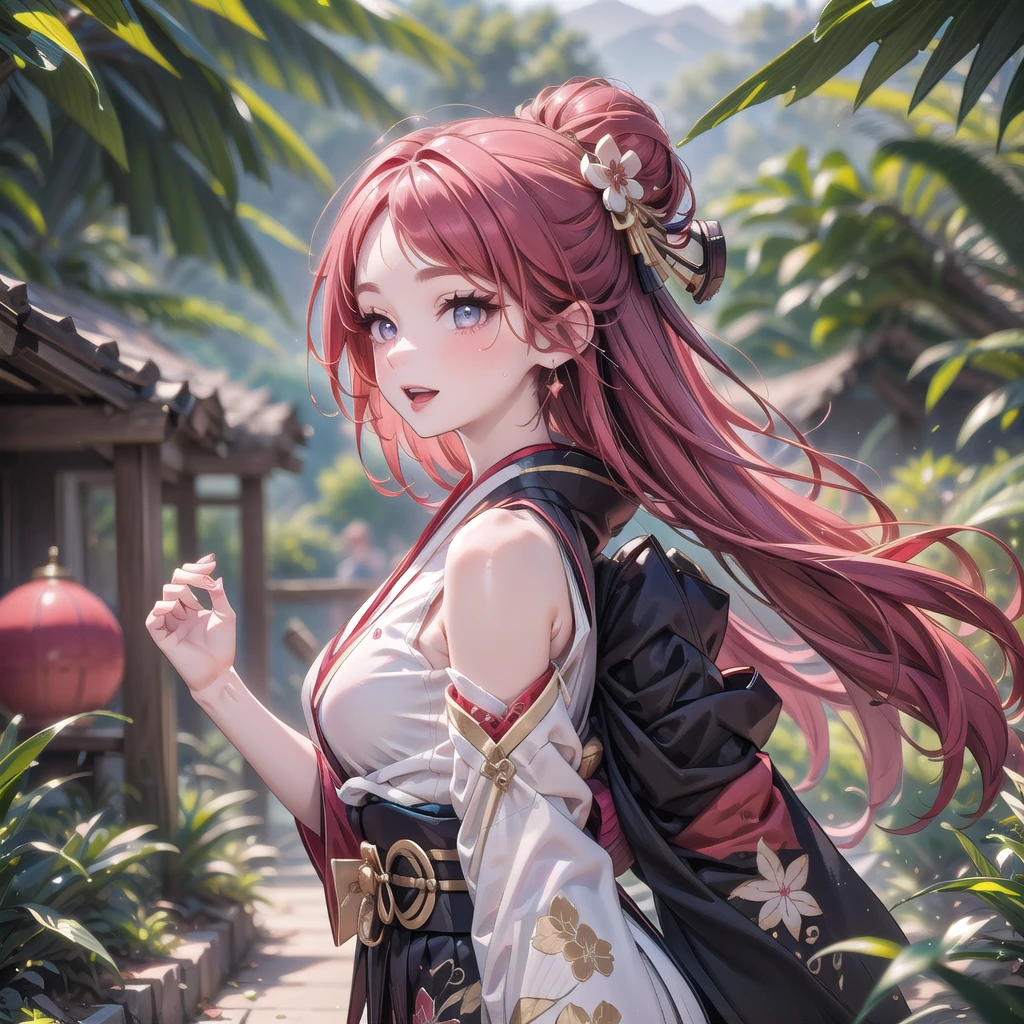 1 adult tall lady, black magical red kimono armor, beautiful jungle background, beautiful shiny eyes focus, navel, belt, Red lips, eyeshadow, eyelashes, pink cheek, ultra detailed beautiful ornaments and patterns, smile, beige red hair, open mouth, walking, from side, 