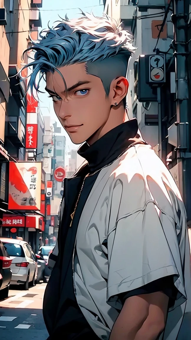 highest quality, 8K, high resolution image, anime style Jujutsu Kaisen, detailed strokes, slightly tanned skin, blurry, smile, purple light reflecting from it, (close angle), 1 man, young, male, model, cool guy, muscular, blue Eyes, light blue hair very short hair, brown hair, short hair, hairstyle: undercut, hair slicked back, swollen chest, he is wearing a T-shirt under a jacket and sweatpants, hand in trouser pocket, gold link chain, background: city, Tokyo, business district