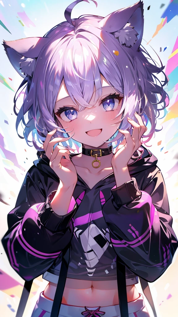 (Ultra-high resolution,masterpiece, Attention to detail, Highest quality), 8k,(aaokayu, short hair, ahoge, animal ears, cat tail, animal collar, black collar, collarbone, print hoodie, black hoodie, long sleeves, midriff, white pants),(Blessed,Captivating body、Ultra-detailed skin、Super beautiful eyes、Detailed Background),One girl、 (cheerful ,enjoy :1.5),