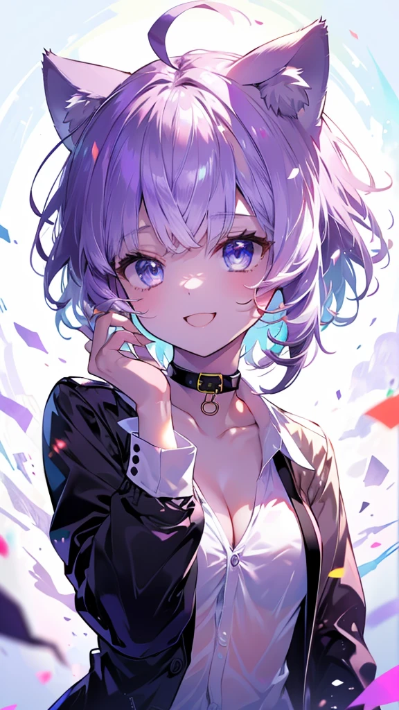 (Ultra-high resolution,masterpiece, Attention to detail, Highest quality), 8k,(aaokayu, short hair, ahoge, animal ears, cat tail, black collar, neck ribbon, purple ribbon, collarbone, cleavage, dress shirt, collared shirt, button gap, black jacket, open clothes),(Blessed,Captivating body、Ultra-detailed skin、Super beautiful eyes、Detailed Background),One girl、 (cheerful ,enjoy :1.5),