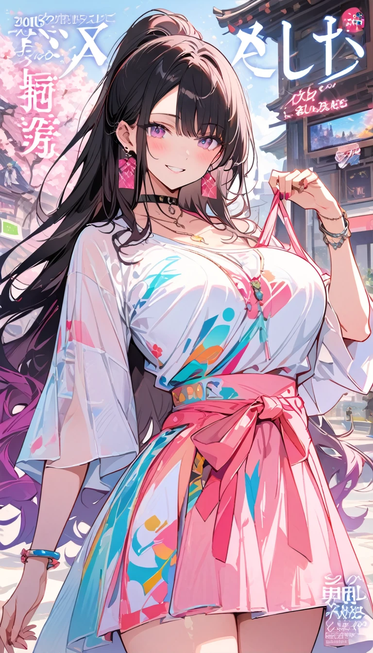 masterpiece, Highest quality, whole body, One girl, bangs, black choker, blush, bracelet, chest, choker, clothes The surrounding area waist, clavicle, Cowboy Shot, ear Earrings, Eyebrows visible through hair, Gradient Hair, Grin, fix, jewelry, Kogal, Long Hair, View Viewer, Earrings, Red eyes, ring, , smile, alone, street, null, cherry blossoms, petal,figure, (magazine:1.3), (cover-style:1.3), fashionable, woman, Vibrant, Pause, front, colorful, dynamic, background, element, have confidence, Performance, Holding, statement, accessories, Majestic, Coiled, The surrounding area, touch, scene, article, cover, bold, to attract attention, title, stylish, font, Catchy, Heading, big, impressive, Modern, trend, concentrated, fashion,((masterpiece)), Highest quality, Absurd, Super detailed, Holographic, Cowboy Shot, ダイナミックなPause, Golden Ratio, Very cute girl, Mature Girls, Very beautiful, Super beautiful asian girl with super beautiful purple eyes, Very beautiful hair, Shiny skin, High Ponytail, nice and sexy body, Slim and delicate body, Perfect body, Cute Panties, Fox Headset, Get your picture taken in a cute alien spaceship,naked,Big Breasts,Sexy
