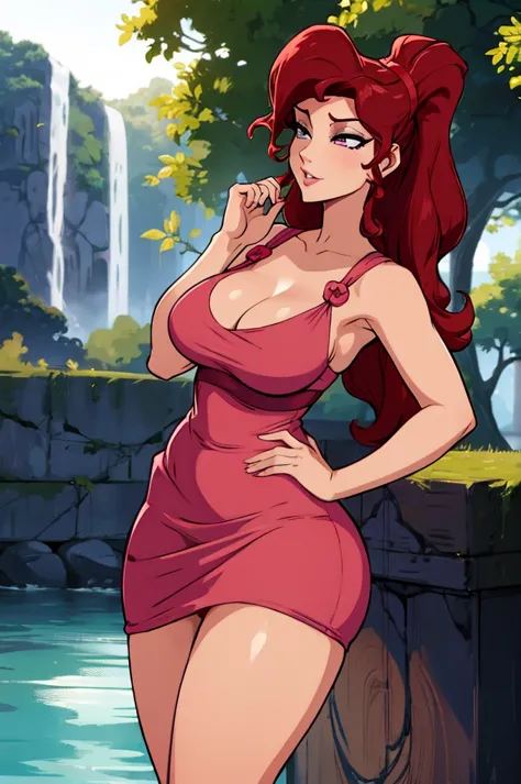 Megara - hot sexy red hair girl in long pink dress, big tits, thick legs
