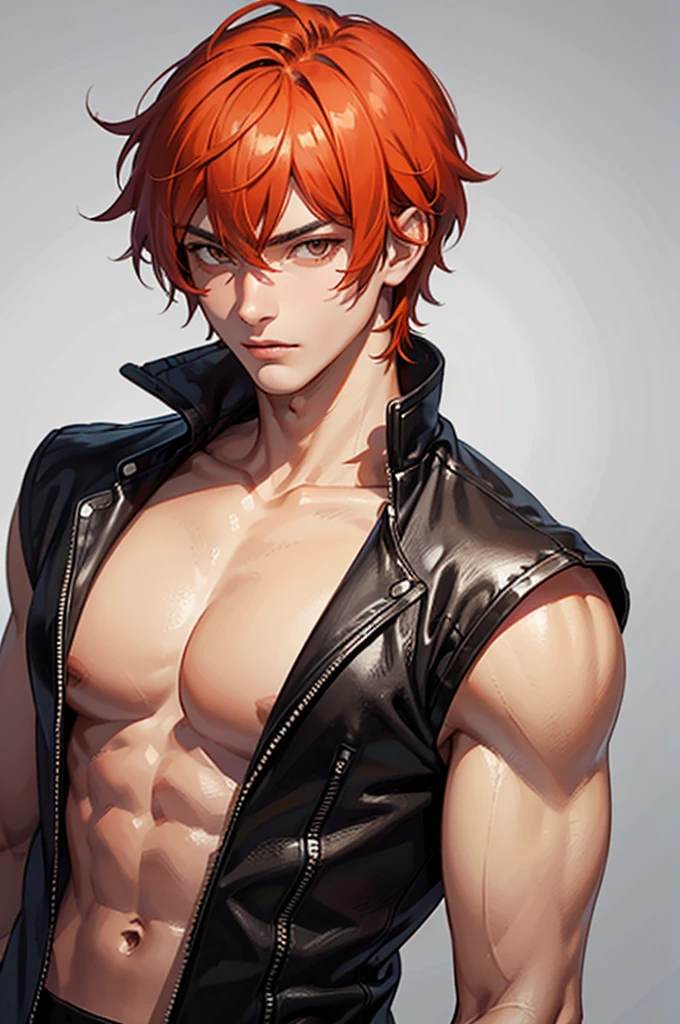 (Absurd, High resolution, Ultra-detailed), 1 male, Adult, good looking, Muscular face, Broad shoulders, Detailed drawn eyes, Orange Hair, Hair style and hair length are random, Brown eyes, Leather Vest, wonderful, mysterious, Bright glow,  Serious expression, cold, Thoughtful,