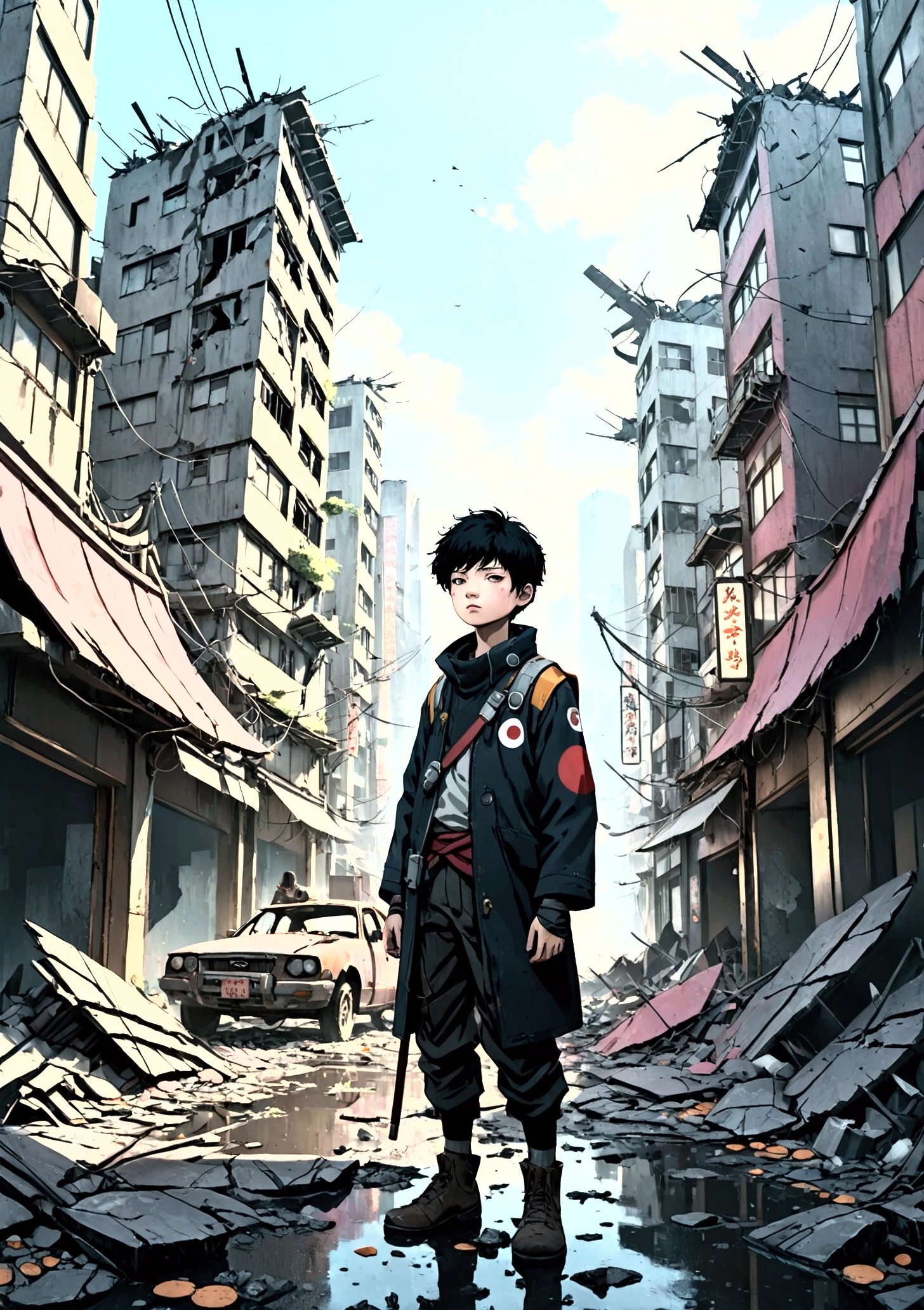 A boy living in a collapsing Japanese city, Floating Debris, Beautiful attention to detail, Beautiful lip detail, Very detailed目と顔, Long eyelashes, , Ruined cityscape, Post-apocalyptic, Very detailed, 4K, 8k, Realistic, Cinema Lighting, Dramatic colors, Calm Tones, Grainy, Dystopia, sf, Concept Art