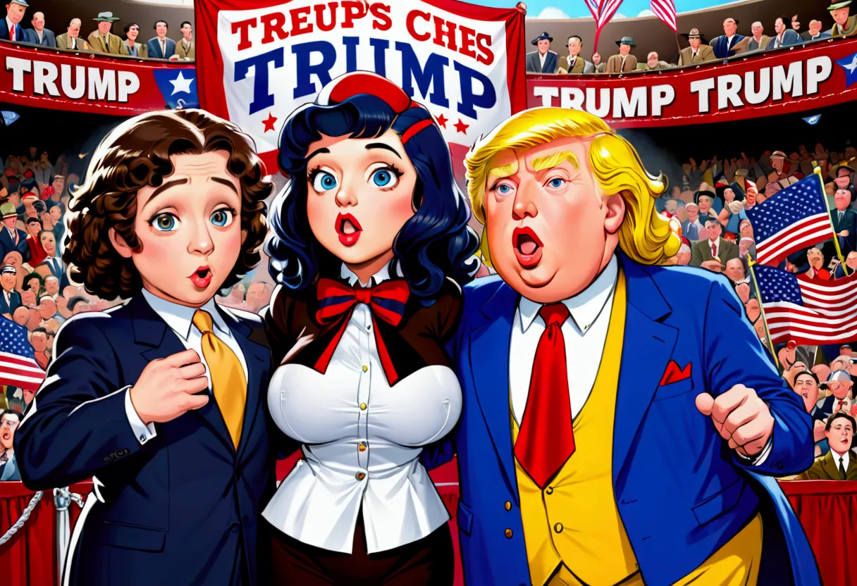 the three stooges (Moe, Larry, and Curly) (dressed appropriate to the scene), attend a Trump rally (huge crowd) and hold up a Tr...