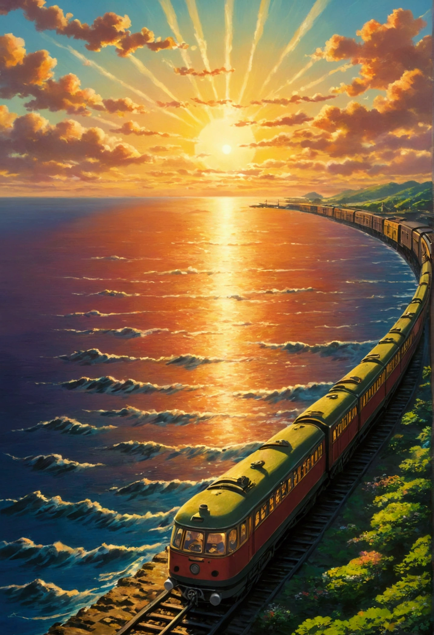 Ghibli　On the Sea　it&#39;s coming　A train running on the horizon of the sunset　force