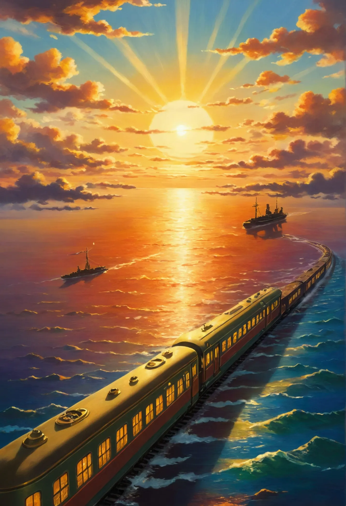 ghibli　on the sea　it&#39;s coming　a train running on the horizon of the sunset　force