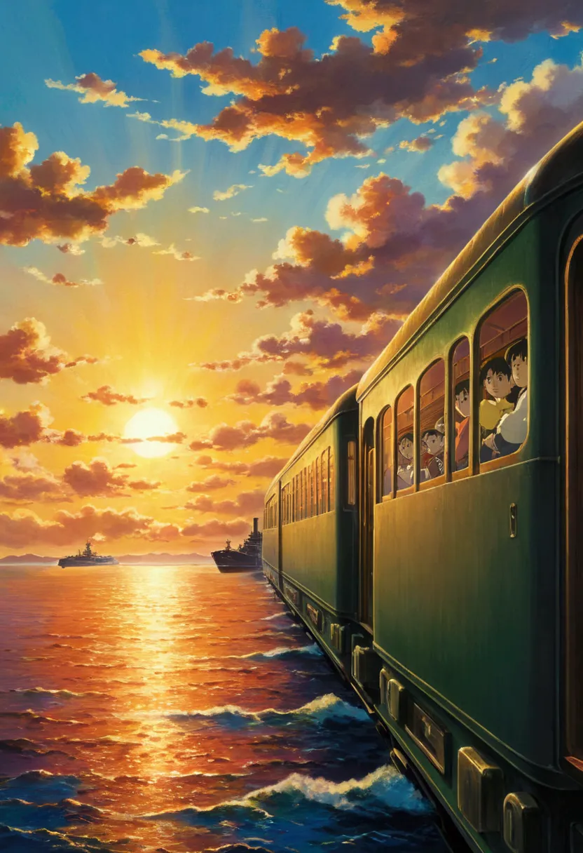 ghibli　on the sea　it&#39;s coming　a train running on the horizon of the sunset　force