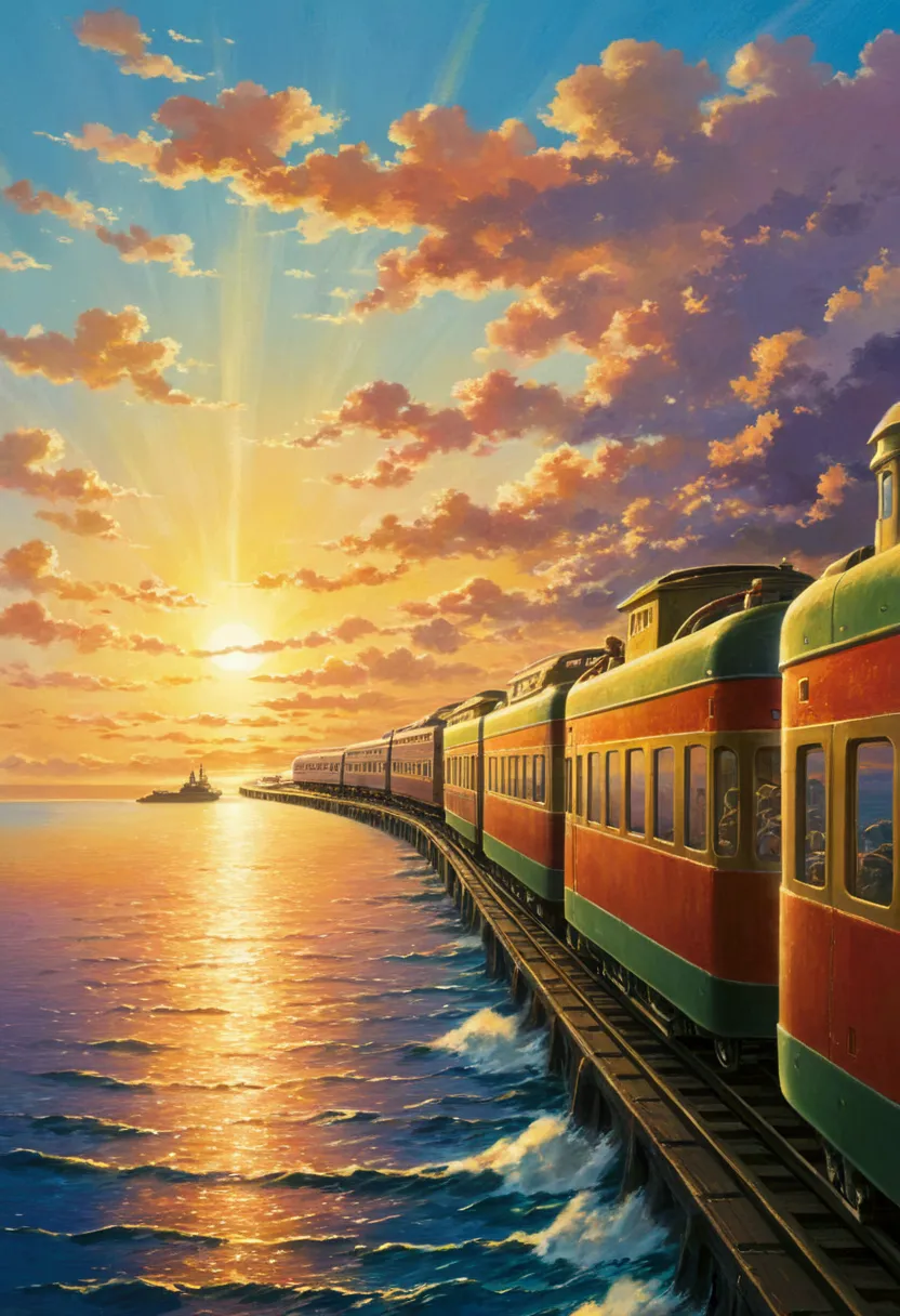 ghibli　on the sea　it&#39;s coming　a train running on the horizon of the sunset　force