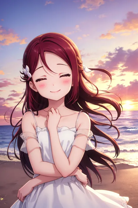 (masterpiece, highest quality), one girl,  riko sakurauchi、smile, blushing, shiny hair, hair blowing in the wind, close your eye...