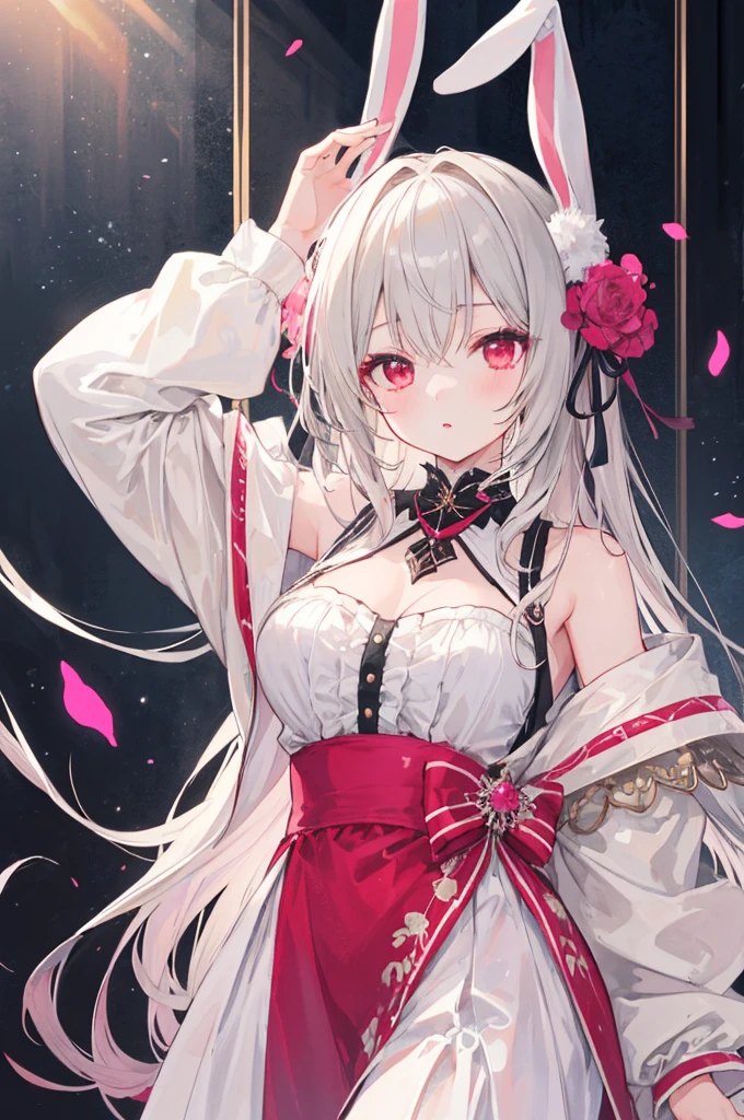 masterpiece, Highest quality, High resolution, One boy, Cream colored hair, Gray Hair, Pearly hair, Nice boy, Bunny ears, Loose-fitting clothing, Larger clothes, dark red eye, eyeの下のたるみ, dark circles under eye, Shocking pink lipstick,, She&#39;s wearing cute makeup,やみcute, Fluffy hair, Voluminous Hair, skinny, slim, very skinny, Androgynous, cute, Spooky, short hair, Horror, Faded colors, White skin, Spooky, Unnaturally thin, Hungry, eye, eye in background, sharp eye, Long eyelashes, Under the lashes, Loose shorts, lace shirt, Frilled shirt, tie a ribbon around one&#39;s neck, Detailed clothing, A loose cardigan, Open cardigan, Dripping Blood, That&#39;s horrible, nightmare, Haunted, stitch, patchwork, String, Injury, hell, Injury on arms, self-harm, cut, Black Fingers, factory, Abandoned, Scattered,  Large breasts, 