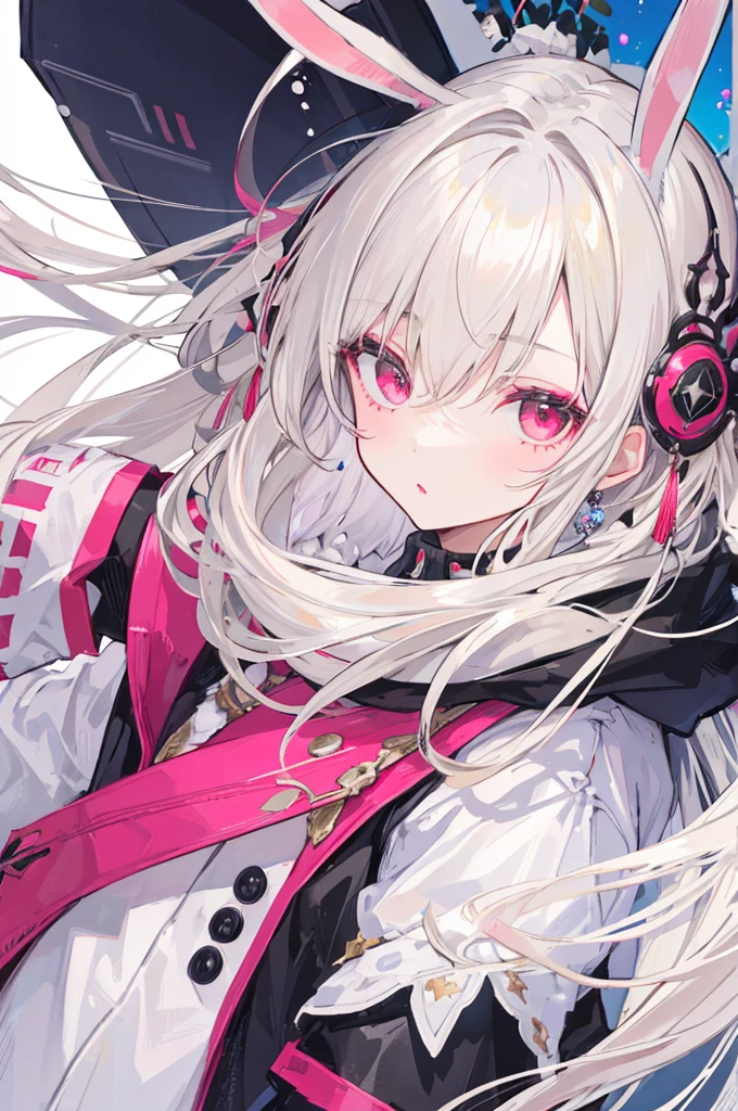 masterpiece, Highest quality, High resolution, One boy, Cream colored hair, Gray Hair, Pearly hair, Nice boy, Bunny ears, Loose-fitting clothing, Larger clothes, dark red eye, eyeの下のたるみ, dark circles under eye, Shocking pink lipstick,, She&#39;s wearing cute makeup,やみcute, Fluffy hair, Voluminous Hair, skinny, slim, very skinny, Androgynous, cute, Spooky, short hair, Horror, Faded colors, White skin, Spooky, Unnaturally thin, Hungry, eye, eye in background, sharp eye, Long eyelashes, Under the lashes, Loose shorts, lace shirt, Frilled shirt, tie a ribbon around one&#39;s neck, Detailed clothing, A loose cardigan, Open cardigan, Dripping Blood, That&#39;s horrible, nightmare, Haunted, stitch, patchwork, String, Injury, hell, Injury on arms, self-harm, cut, Black Fingers, factory, Abandoned, Scattered,  Large breasts, 