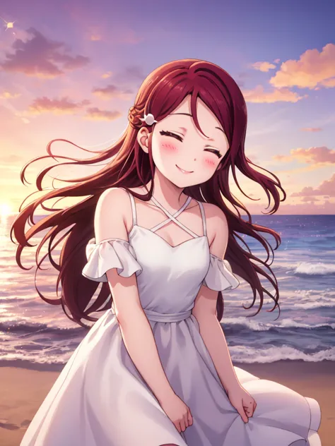 (masterpiece, highest quality), one girl,  riko sakurauchi、smile, blushing, shiny hair, hair blowing in the wind, close your eye...