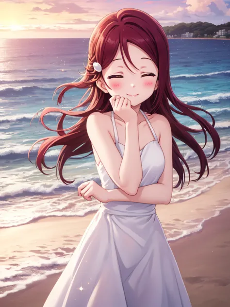 (masterpiece, highest quality), one girl,  riko sakurauchi、smile, blushing, shiny hair, hair blowing in the wind, close your eye...