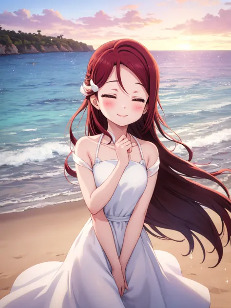 (masterpiece, highest quality), one girl,  riko sakurauchi、smile, blushing, shiny hair, hair blowing in the wind, close your eye...