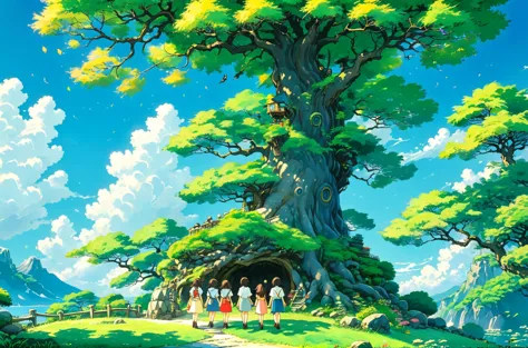 boys and girls under the tree,japanese manga style,studio ghibli,hayao miyazaki style,high saturation,rich details,