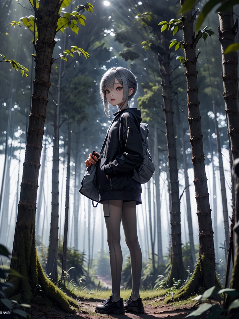 (((Masterpiece))), (high quality), one beautiful alien girl, 15 years old,(In the forest at night、A gray type alien girl is standing backwards:1.5),(Plain background:1.2)