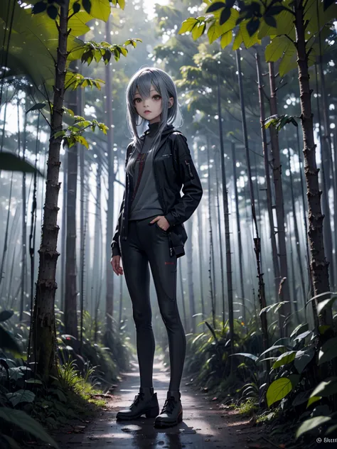 (((masterpiece))), (high quality), one beautiful alien girl, 15 years old,(in the forest at night、a gray type alien girl is stan...