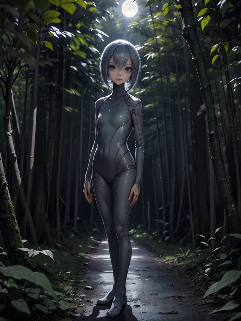 (((Masterpiece))), (high quality), one beautiful alien girl, 15 years old,(In the forest at night、A gray type alien girl is standing backwards:1.5),(Plain background:1.2)