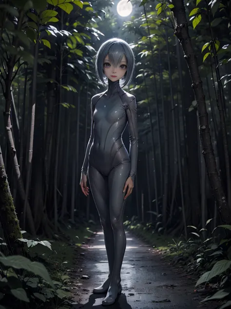 (((masterpiece))), (high quality), one beautiful alien girl, 15 years old,(in the forest at night、a gray type alien girl is stan...