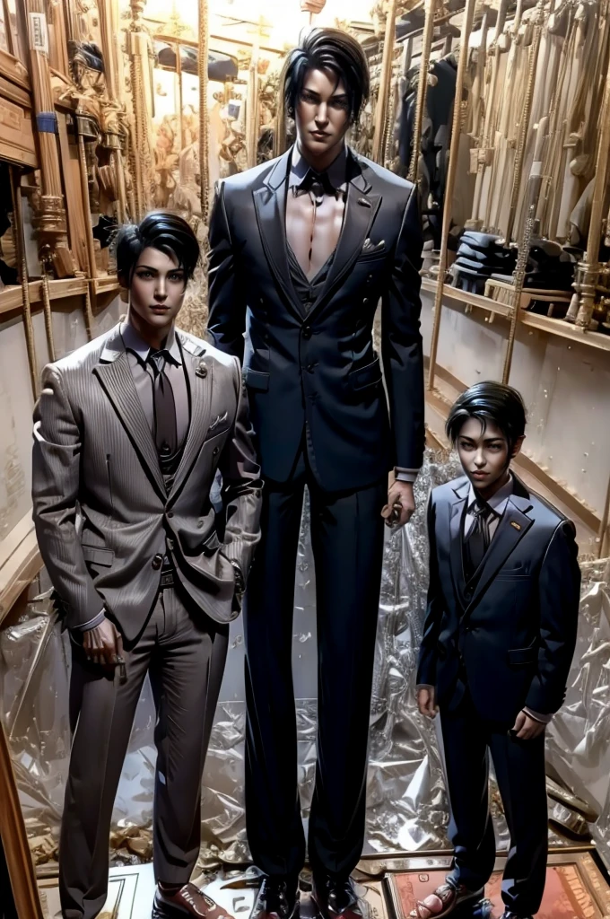 Tall wife in the middle, short husband in the left, short son in the right, beautiful faces, wife is wearing suit and pants, wife has big , wife is showing cleavage, wife is ripped, wife's suit has a belly button cutout, wife has ripped visible abs, make the girls even more taller than the boys, boys are very thin and weak, boys wearing suit and pants, wife is standing barefoot, boys are wearing office shoes