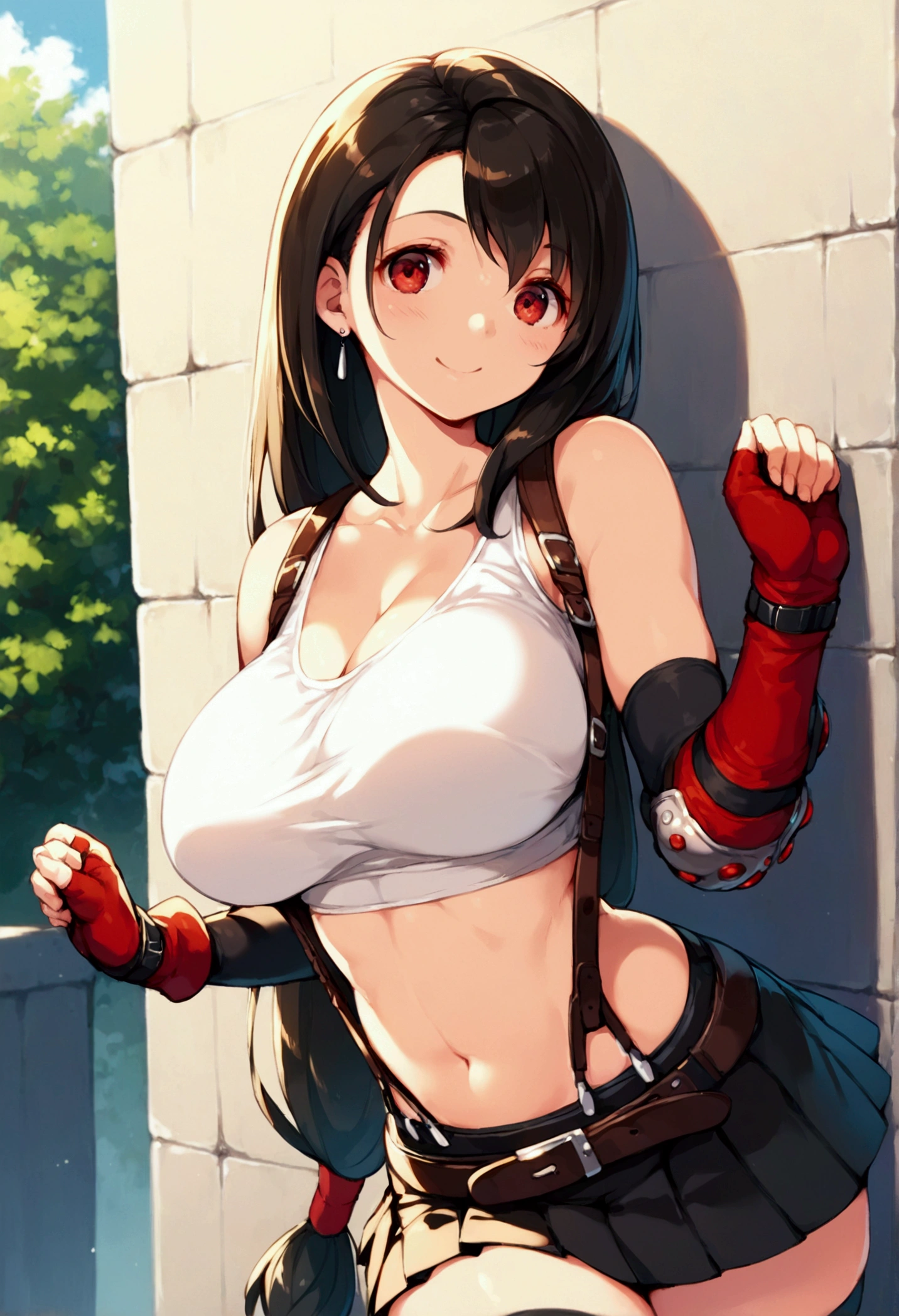 (score_9, score_8_up, score_7_up),,BREAK , ,dutch angle,,breast view, breast press,,standing,leaning on wall. upperbody,,Solo ,1girl, tifa lockhart, final fantasy, tareme,black hair, low-tied long hair, red eyes, bangs, (white tank top, belt, pleated skirt, thighhighs, elbow fingerless gloves, elbow pads, midriff, navel,suspender skirt) ,(large_breast),(light smile),daytime,outdoor,(ultra detailed),(best quality),(aesthetic,very aesthetic),UHD,extremely detailed CG unity 8k wallpaper,depth of field,,,detailed face and eyes