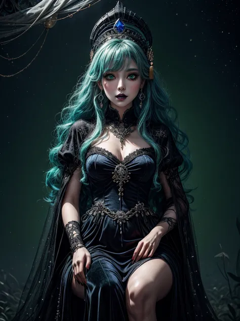 a mysterious and enchanting witch girl, gothic style, with ethereal makeup, emerald green eyes, midnight black lips, sapphire bl...