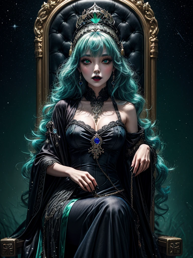 A mysterious and enchanting witch girl, gothic style, with ethereal makeup, emerald green eyes, midnight black lips, sapphire blue hair, dangling crystal earrings, cascading curls hairstyle, ornate Qing dynasty headdress, shimmering silver yarn, a starry night, and flowing velvet clothing, sitting on throne