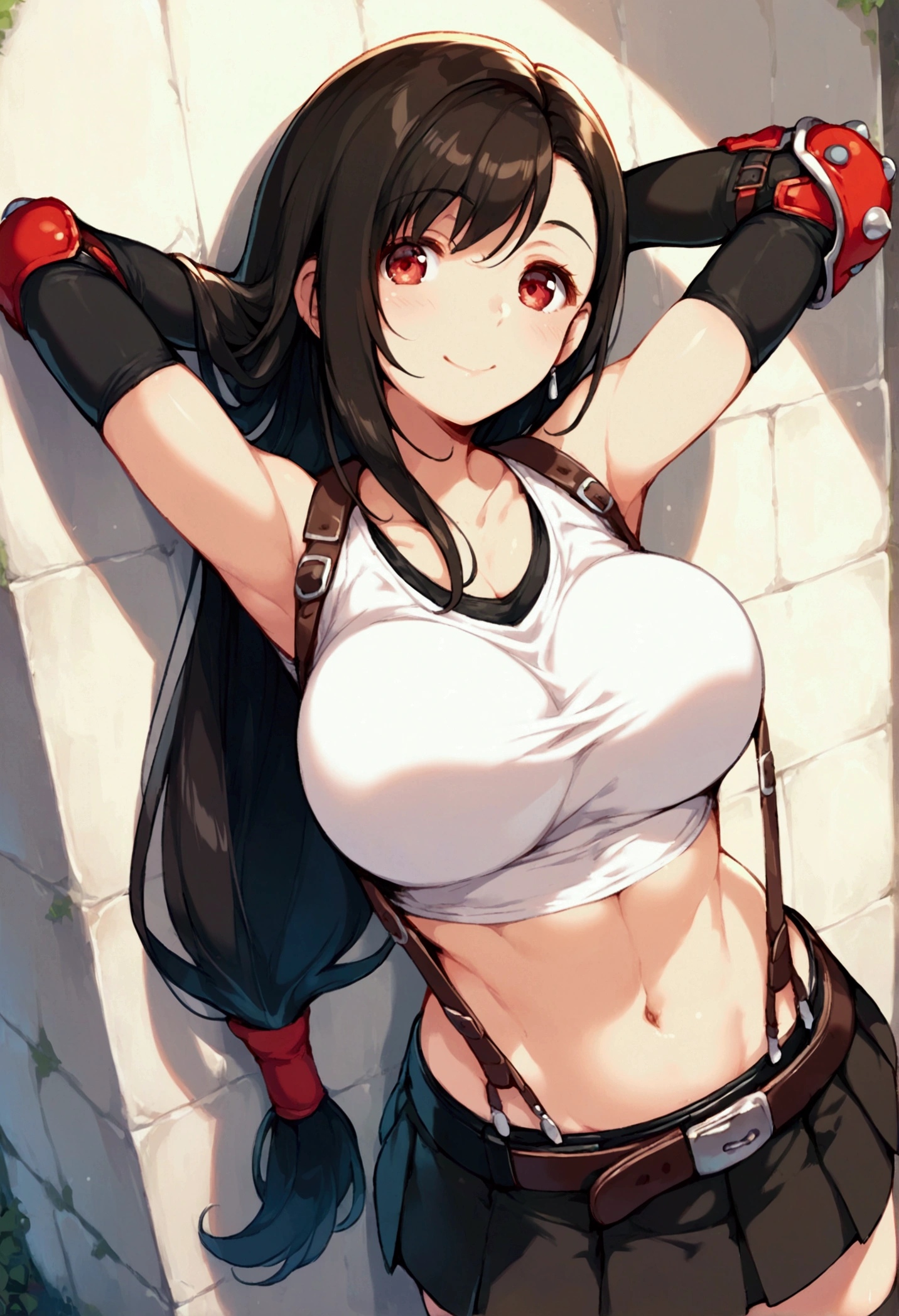 (score_9, score_8_up, score_7_up),,BREAK , ,dutch angle,,breast view, breast press,,standing,leaning on wall.arms up,arms behind head. upperbody,,Solo ,1girl, tifa lockhart, final fantasy, tareme,black hair, low-tied long hair, red eyes, bangs, (white tank top, belt, pleated skirt, thighhighs, elbow fingerless gloves, elbow pads, midriff, navel,suspender skirt) ,(large_breast),(light smile),daytime,outdoor,(ultra detailed),(best quality),(aesthetic,very aesthetic),UHD,extremely detailed CG unity 8k wallpaper,depth of field,,,detailed face and eyes