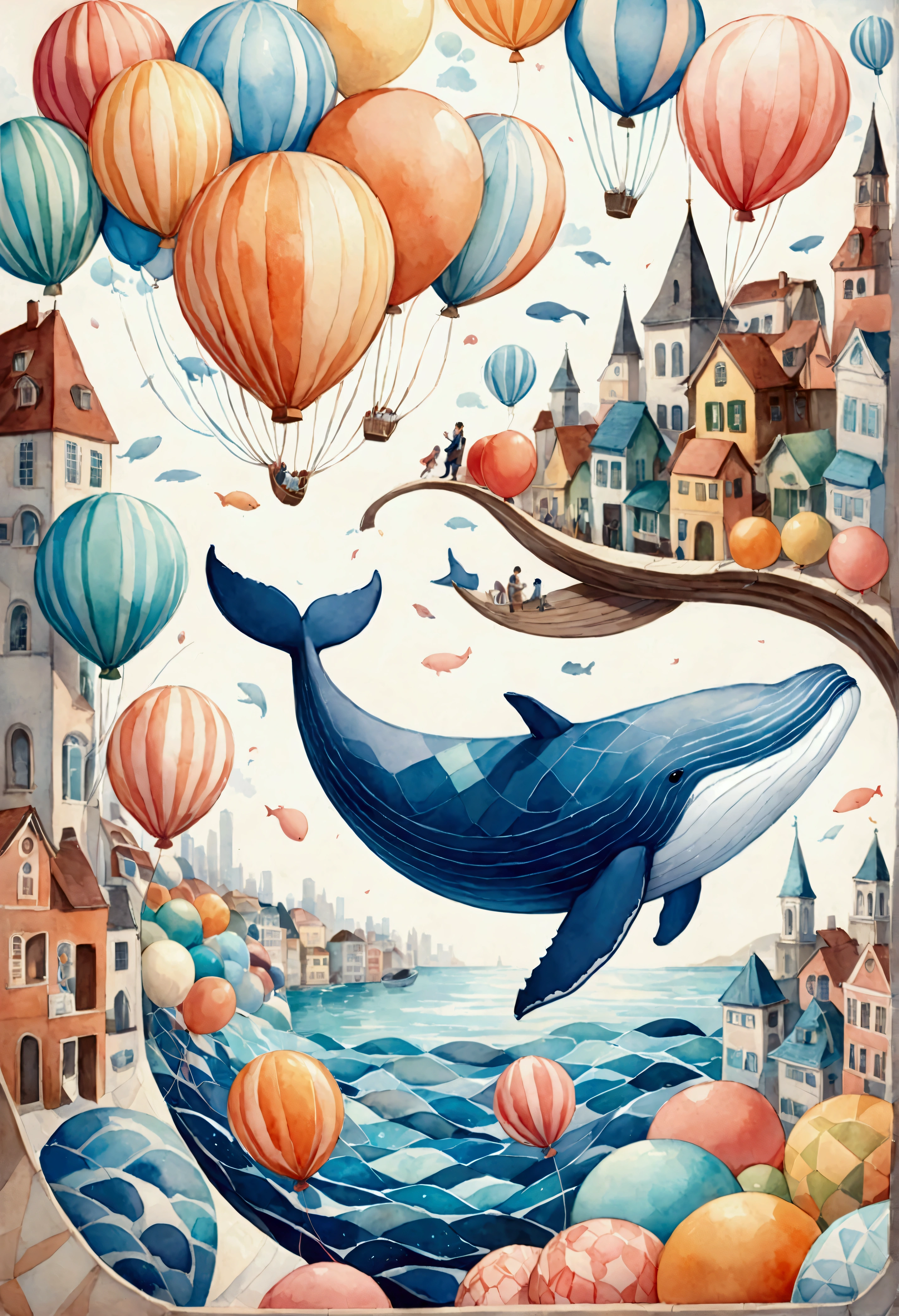 create artistic handmade pieces,This is a dreamy and colorful work that looks like an illustration in a picture book.,Collage using various art materials,A sky pattern drawn by mixing blue and black,watercolor style background,cloth,quilting,Embroidery thread,Looking down on the cityscape painted in white and orange from above,(flying whale: anatomically correct whale: whale),Cityscape and sky of a Brazilian city near the sea,Balloons and balloons float around the whale,rich expression,Use various patterns such as geometric patterns and traditional patterns,An imaginative dream world,happy dream,artwork,patchwork,intricate details,anatomically correct,perfect anatomy,kind,rich colors,Careful in every detail