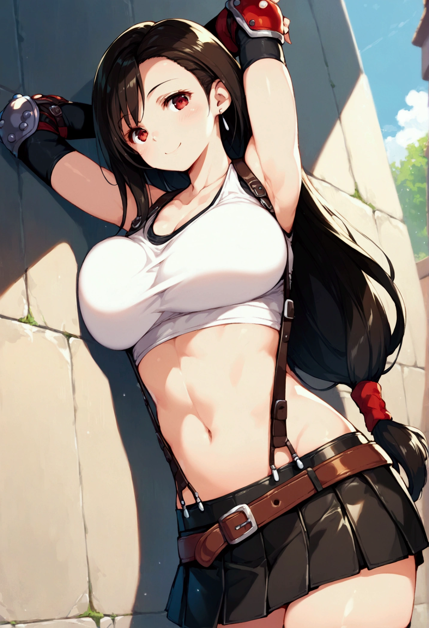 (score_9, score_8_up, score_7_up),,BREAK , ,dutch angle,,breast view, breast press,,standing,leaning on wall.arms up,arms behind head. upperbody,,Solo ,1girl, tifa lockhart, final fantasy, tareme,black hair, low-tied long hair, red eyes, bangs, (white tank top, belt, pleated skirt, thighhighs, elbow fingerless gloves, elbow pads, midriff, navel,suspender skirt) ,(large_breast),(light smile),daytime,outdoor,(ultra detailed),(best quality),(aesthetic,very aesthetic),UHD,extremely detailed CG unity 8k wallpaper,depth of field,,,detailed face and eyes