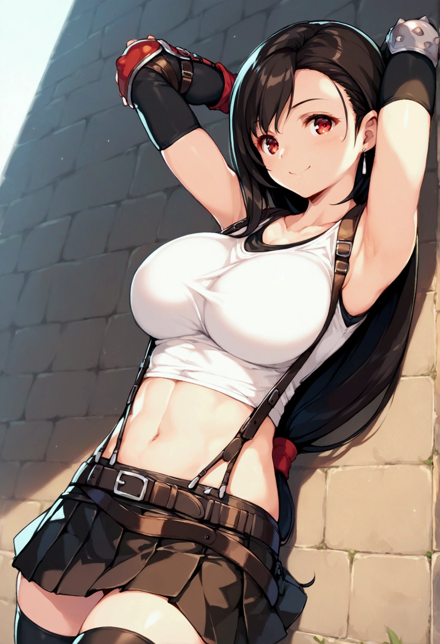 (score_9, score_8_up, score_7_up),,BREAK , ,dutch angle,,breast view, breast press,,standing,leaning on wall.arms up,arms behind head. upperbody,,Solo ,1girl, tifa lockhart, final fantasy, tareme,black hair, low-tied long hair, red eyes, bangs, (white tank top, belt, pleated skirt, thighhighs, elbow fingerless gloves, elbow pads, midriff, navel,suspender skirt) ,(large_breast),(light smile),daytime,outdoor,(ultra detailed),(best quality),(aesthetic,very aesthetic),UHD,extremely detailed CG unity 8k wallpaper,depth of field,,,detailed face and eyes