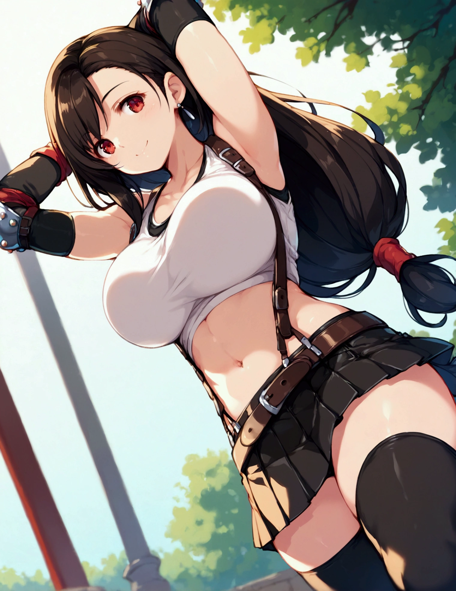 (score_9, score_8_up, score_7_up),,BREAK , ,dutch angle,,breast view, breast press,,standing,leaning on wall.arms up,arms behind head. upperbody,,Solo ,1girl, tifa lockhart, final fantasy, tareme,black hair, low-tied long hair, red eyes, bangs, (white tank top, belt, pleated skirt, thighhighs, elbow fingerless gloves, elbow pads, midriff, navel,suspender skirt) ,(large_breast),(light smile),daytime,outdoor,(ultra detailed),(best quality),(aesthetic,very aesthetic),UHD,extremely detailed CG unity 8k wallpaper,depth of field,,,detailed face and eyes