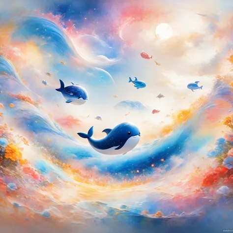 (flying whales,in space), nebula(artworks by slawomir-maniak), lush watercolor palette canvas/acrylic fiber, complex, extreme de...