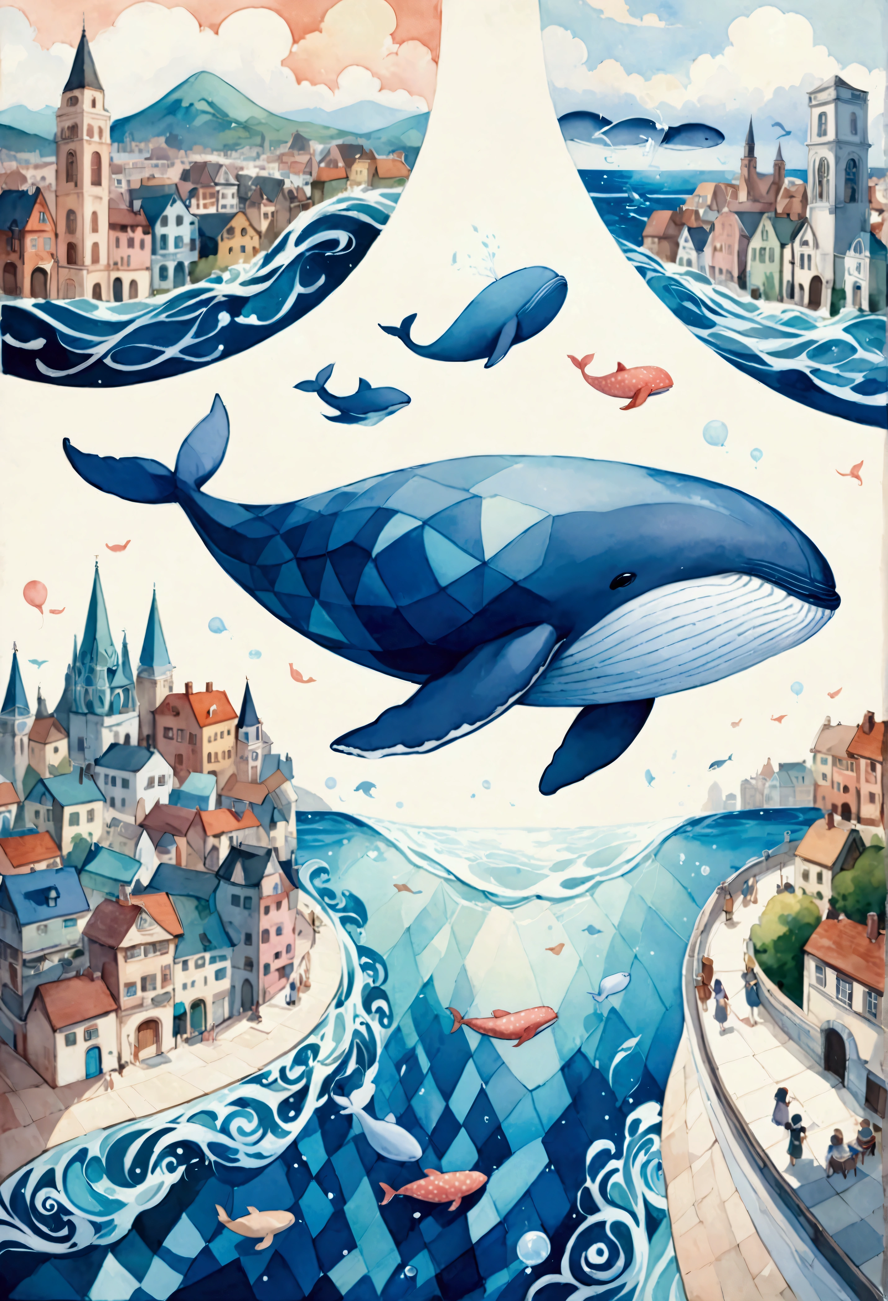 create artistic handmade pieces,This is a dreamy and colorful work that looks like an illustration in a picture book.,Collage using various art materials,A sky pattern drawn by mixing blue and black,watercolor style background,cloth,quilting,Embroidery thread,Looking down on the cityscape painted in white and light blue from above,(Flying Whale:Anatomically Correct Whale:Cute Whale),Cityscape and sky of a European city near the sea,BREAK,(Flying Whale:Anatomically Correct Whale:Cute Whale),BREAK,rich expression,Use various patterns such as geometric patterns and traditional patterns,An imaginative dream world,happy dream,artwork,patchwork,intricate details,anatomically correct,perfect anatomy,kind,rich colors,Careful in every detail,structurally correct