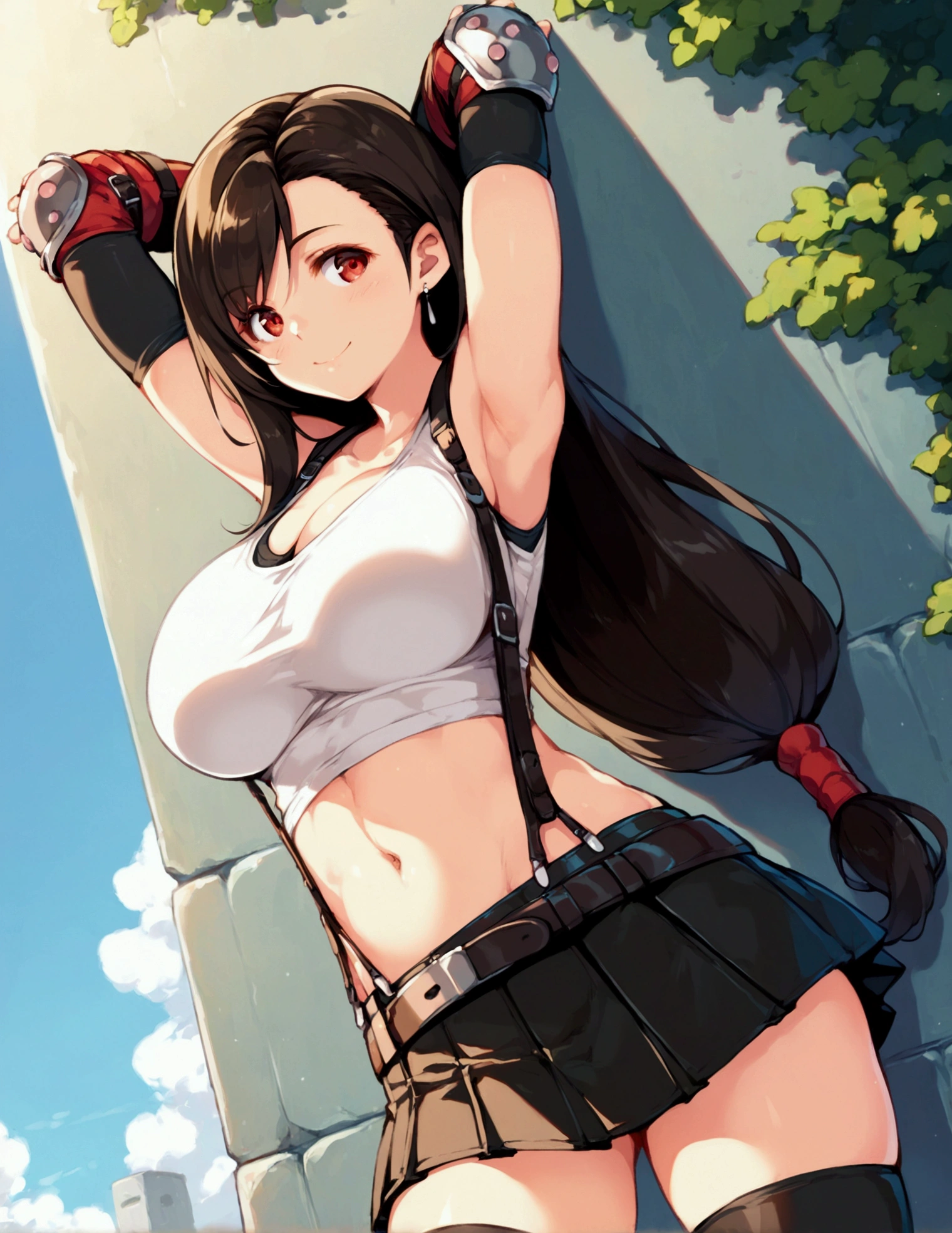 (score_9, score_8_up, score_7_up),,BREAK , ,dutch angle,,breast view, breast press,,standing,leaning on wall.arms up,arms behind head. upperbody,,Solo ,1girl, tifa lockhart, final fantasy, tareme,black hair, low-tied long hair, red eyes, bangs, (white tank top, belt, pleated skirt, thighhighs, elbow fingerless gloves, elbow pads, midriff, navel,suspender skirt) ,(large_breast),(light smile),daytime,outdoor,(ultra detailed),(best quality),(aesthetic,very aesthetic),UHD,extremely detailed CG unity 8k wallpaper,depth of field,,,detailed face and eyes