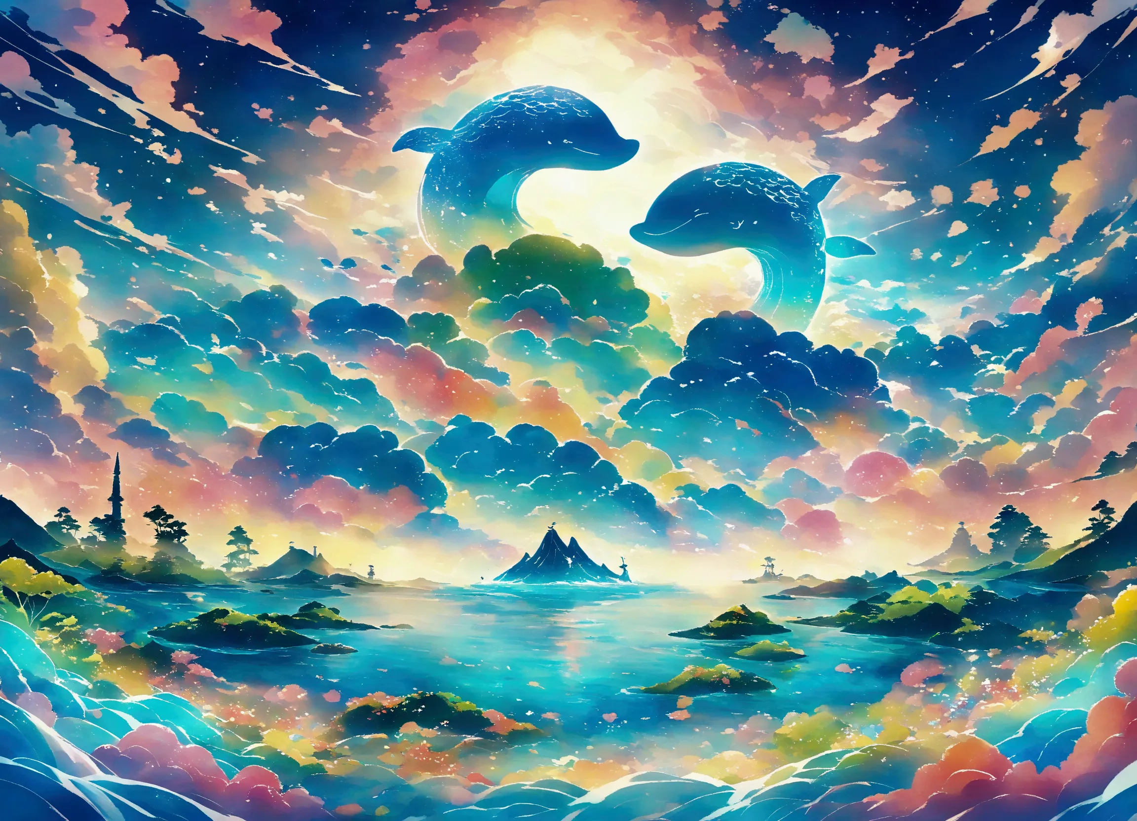 island in the sea，fairy tale world，there is a flying whale on the volcano，neverland，colorful clouds