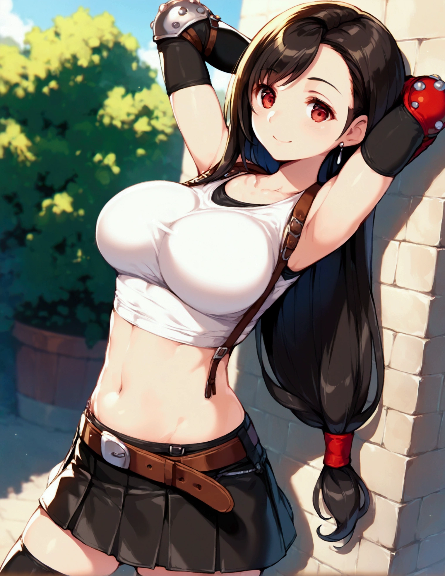 (score_9, score_8_up, score_7_up),,BREAK , ,dutch angle,,breast view, breast press,,standing,leaning on wall.arms up,arms behind head. upperbody,,Solo ,1girl, tifa lockhart, final fantasy, tareme,black hair, low-tied long hair, red eyes, bangs, (white tank top, belt, pleated skirt, thighhighs, elbow fingerless gloves, elbow pads, midriff, navel,suspender skirt) ,(large_breast),(light smile),daytime,outdoor,(ultra detailed),(best quality),(aesthetic,very aesthetic),UHD,extremely detailed CG unity 8k wallpaper,depth of field,,,detailed face and eyes