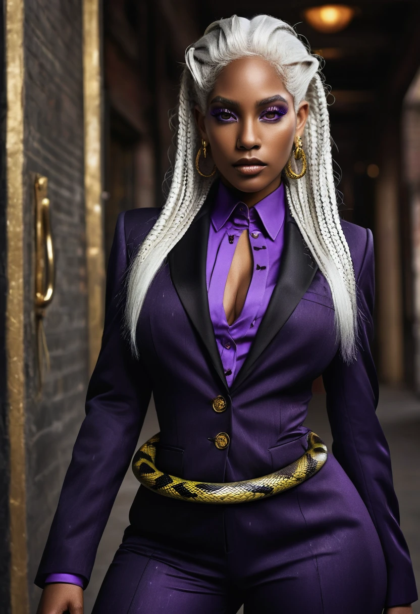 A  with a leash of straight white hair, dark skin, Latin ancestry, purple irises, wearing a black tatical suit with golden threads and wearing golden earrings shaped like snakes. Detailed eyes, detailed face, intricate grunge outfits, cinematic lighting, realistic concept art of strong backlighting. wide hips, large butt, small waist