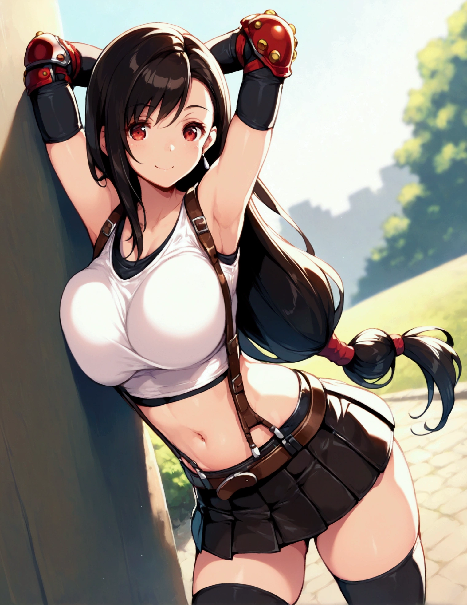 (score_9, score_8_up, score_7_up),,BREAK , ,dutch angle,,breast view, breast press,,standing,leaning on wall.arms up,arms behind head. upperbody,,Solo ,1girl, tifa lockhart, final fantasy, tareme,black hair, low-tied long hair, red eyes, bangs, (white tank top, belt, pleated skirt, thighhighs, elbow fingerless gloves, elbow pads, midriff, navel,suspender skirt) ,(large_breast),(light smile),daytime,outdoor,(ultra detailed),(best quality),(aesthetic,very aesthetic),UHD,extremely detailed CG unity 8k wallpaper,depth of field,,,detailed face and eyes